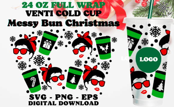 Messy Bun Christmas Wrap Cold Cup Svg